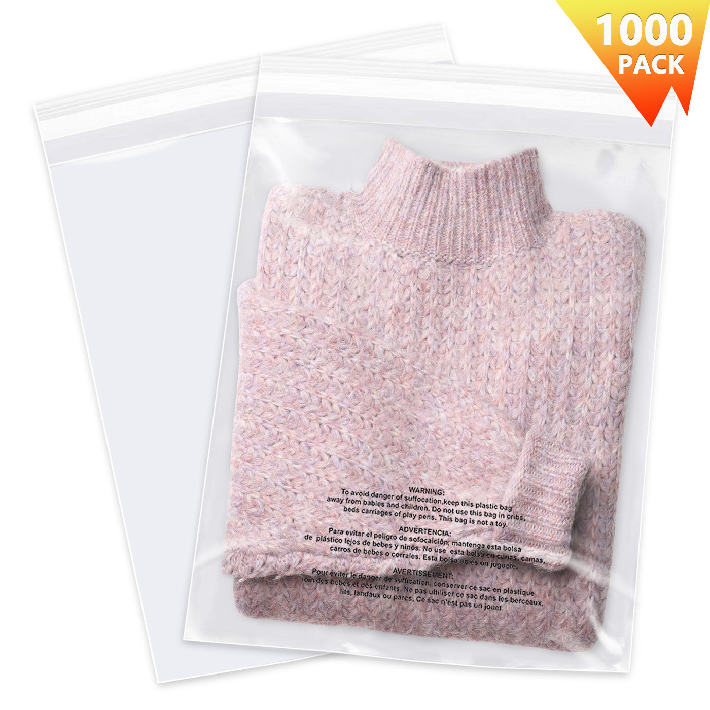 Imailer 12" x 15" Self Seal 1.6 Mil Clear Plastic Poly Bags with Suffocation Warning