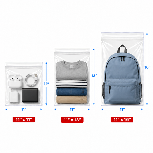 11" Wide | Reclosable Clear Zip Lock Bags 100 Pack, 2 Mil, Multiple Sizes