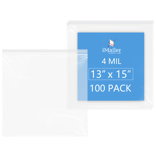 4 Mil 13" x 15" Large Zip Poly Bags 100 Pack Durable Reusable