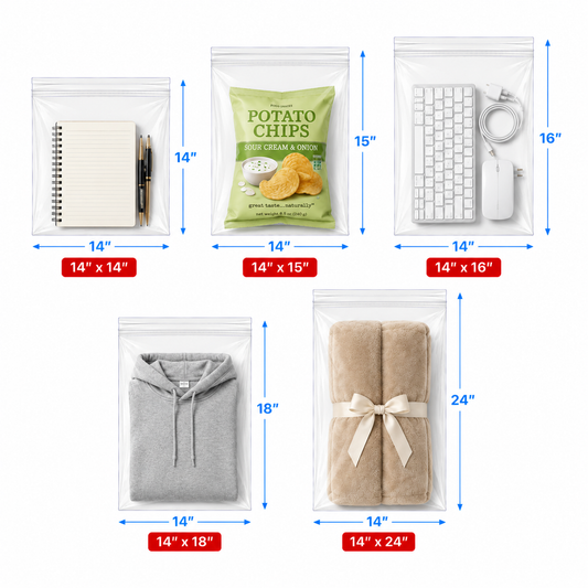 14" Wide| Reclosable Clear Zip Lock Bags 100 Pack, 2 Mil, Multiple Sizes