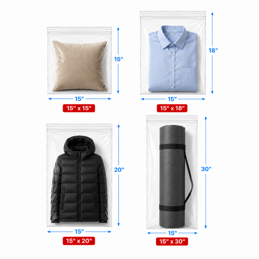 15" Wide| Reclosable Clear Zip Lock Bags 100 Pack, 2 Mil, Multiple Sizes
