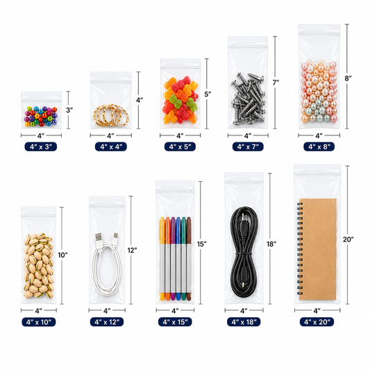 4" Wide| Reclosable Clear Zip Lock Bags 500 Pack, 2 Mil, Multiple Sizes