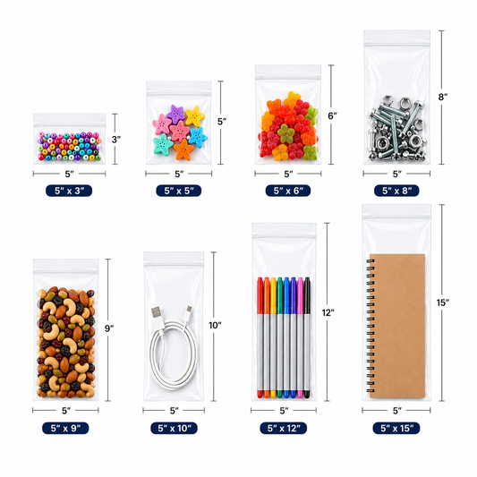 5" Wide| Reclosable Clear Zip Lock Bags 500 Pack, 2 Mil, Multiple Sizes