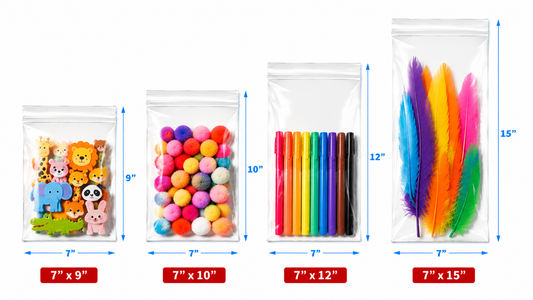 7" Wide | Reclosable Clear Zip Lock Bags 200 Pack, 2 Mil, Multiple Sizes