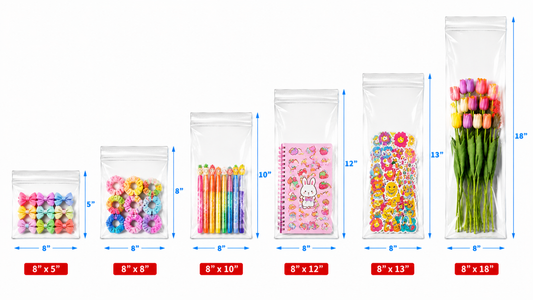 8" Wide | Reclosable Clear Zip Lock Bags 200 Pack, 2 Mil, Multiple Sizes