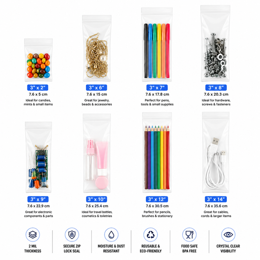 3" Wide | Reclosable Clear Zip Lock Bags 500 Pack, 2 Mil, Multiple Sizes