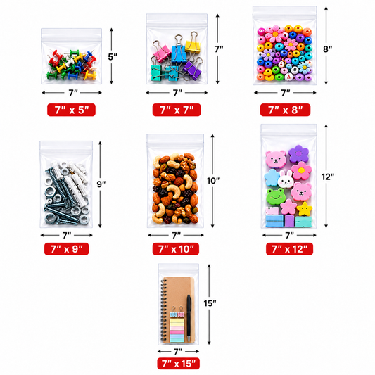 7" Wide| Reclosable Clear Zip Lock Bags 200 Pack, 2 Mil, Multiple Sizes