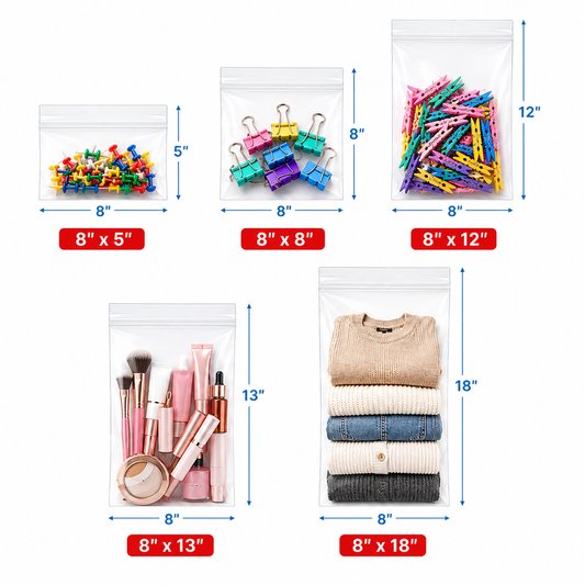 8" Wide| Reclosable Clear Zip Lock Bags 200 Pack, 2 Mil, Multiple Sizes