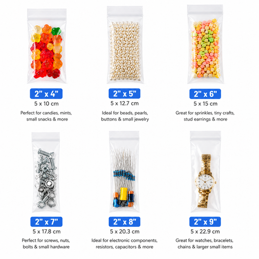 2" Wide | Reclosable Clear Zip Lock Bags 500 Pack, 2 Mil, Multiple Sizes