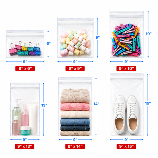 9" Wide| Reclosable Clear Zip Lock Bags 200 Pack, 2 Mil, Multiple Sizes