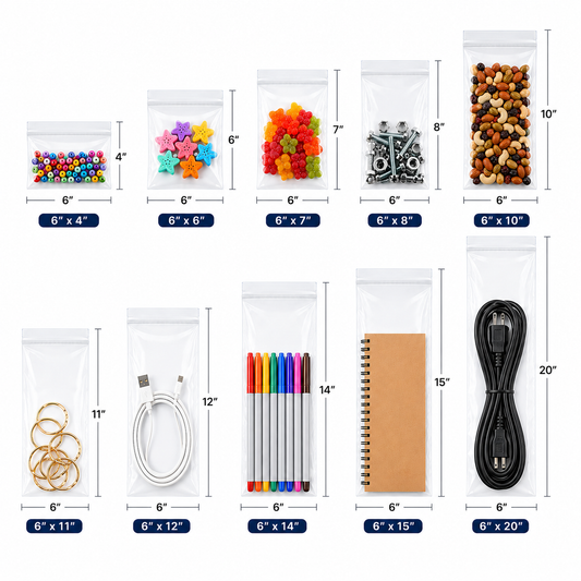 6" Wide| Reclosable Clear Zip Lock Bags 500 Pack, 2 Mil, Multiple Sizes